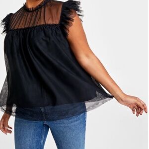 ON 34th Macy's Plus Size Black Tulle Flutter Sleeve Top with Ruffle Trim